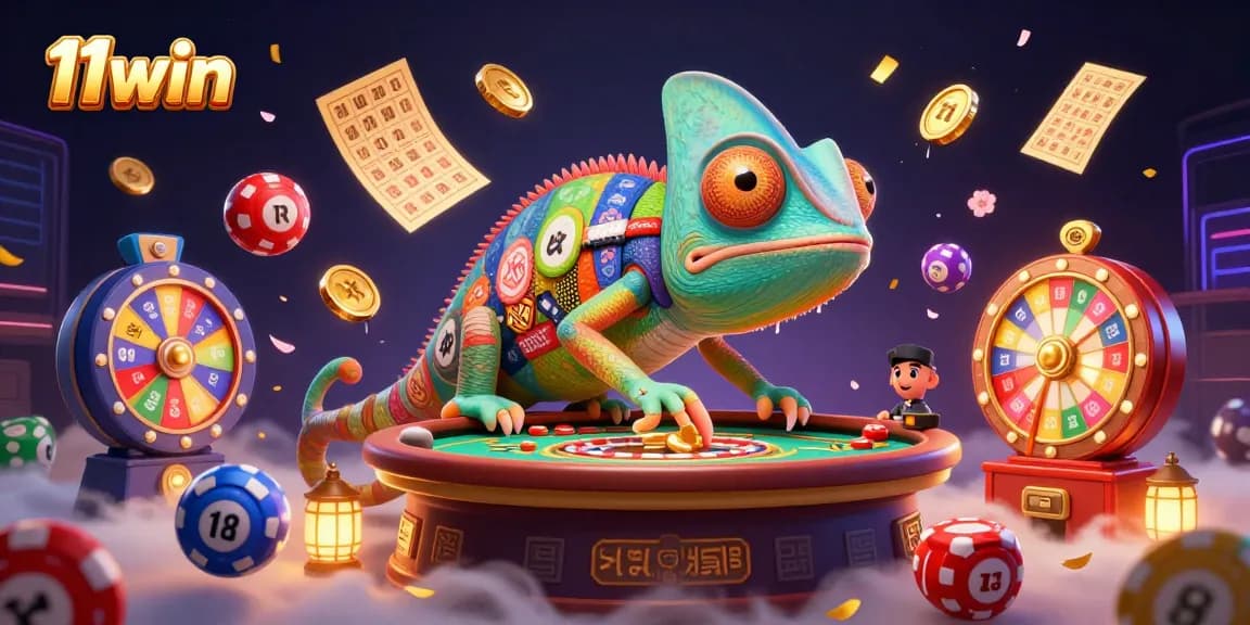 Experience the vibrant world of 11win with a chameleon casino owner amidst dazzling lottery elements.
