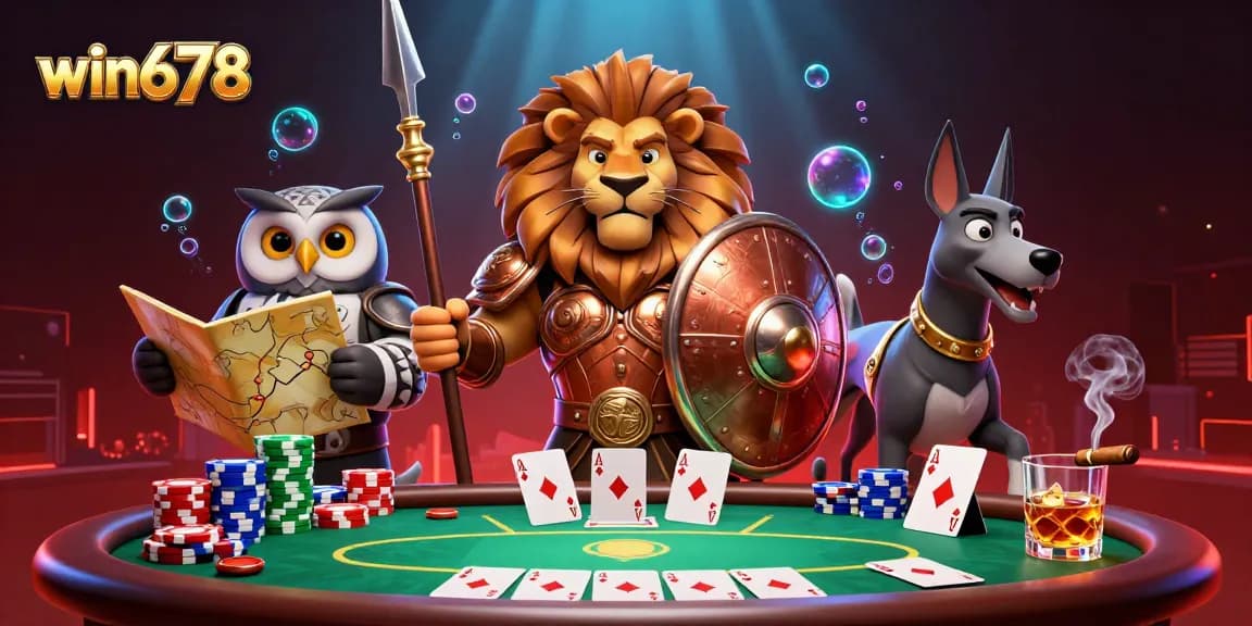 Win678 showcases an exciting poker scene with a vibrant, dynamic atmosphere in a cartoon style.