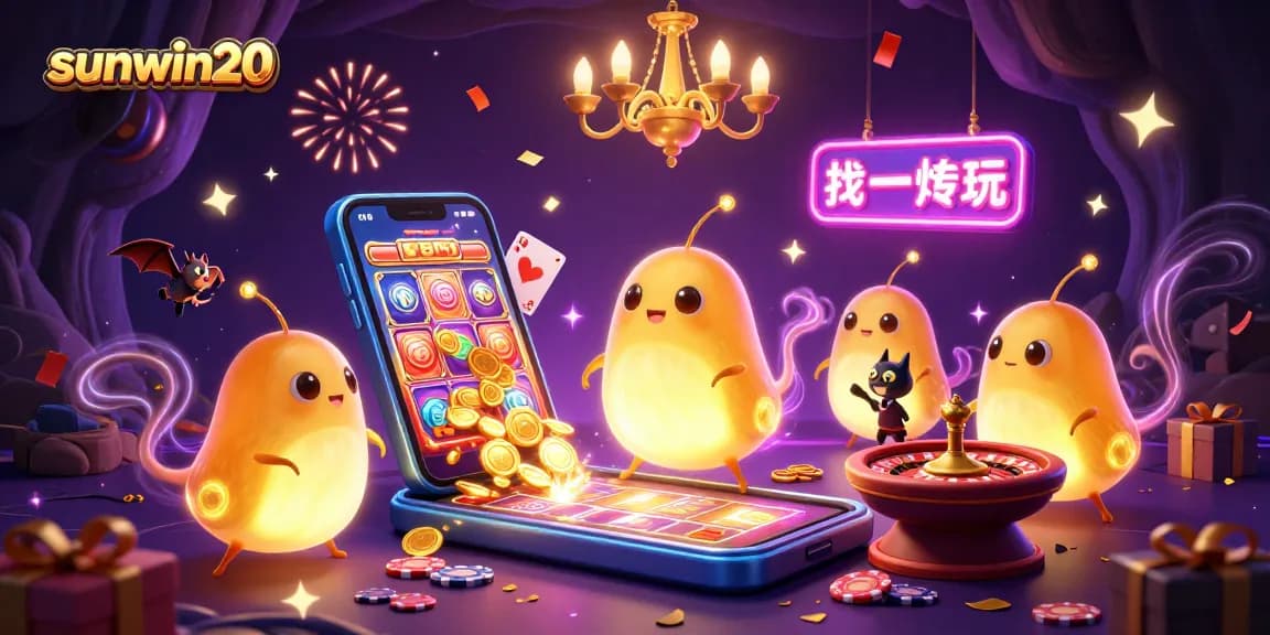 Experience the excitement of sunwin20 with a lively casino scene featuring glowworms and gaming elements.