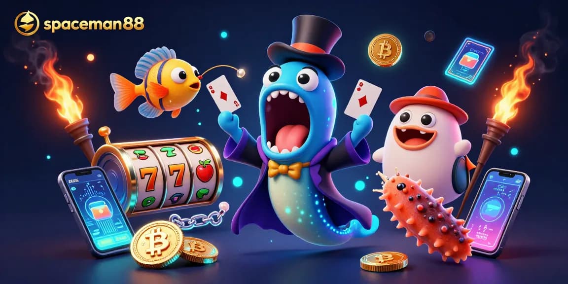 Spin the reels with spaceman88's vibrant 3D character magic act featuring slot games and crypto elements.
