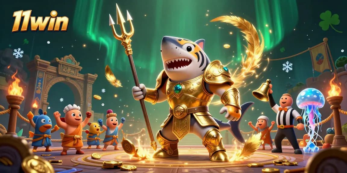 Experience the 11win underwater showdown featuring a gladiator shark and vibrant casino symbols.