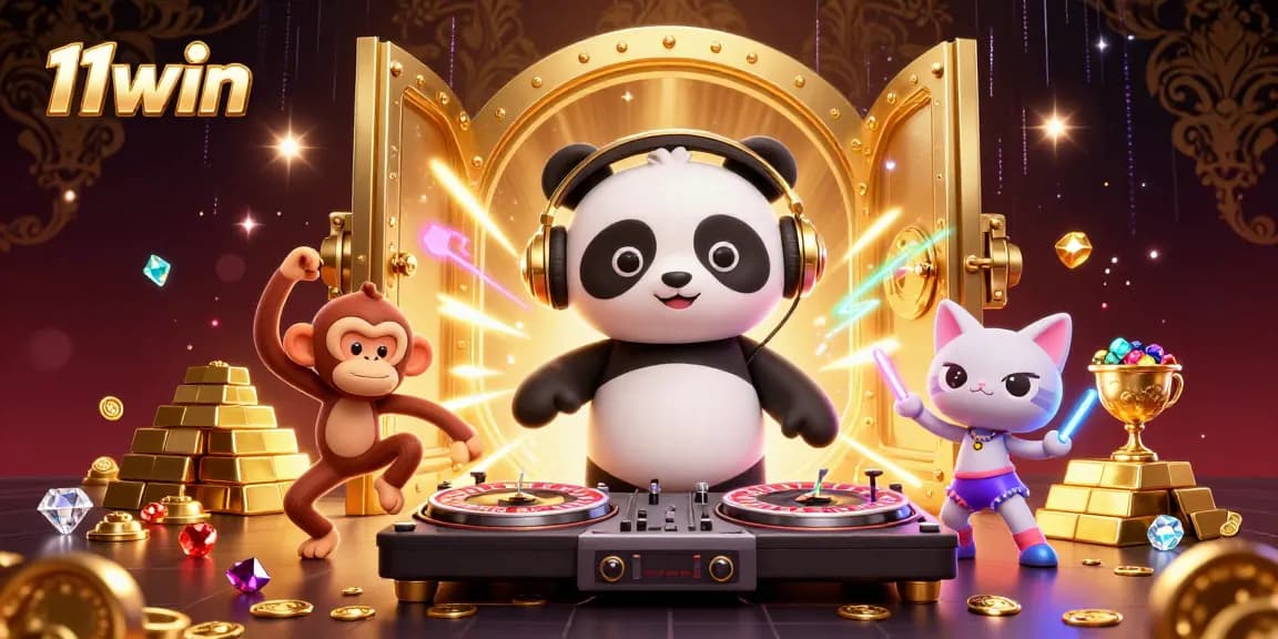 Experience the excitement of 11win with a DJ panda spinning, breakdancing monkeys, and treasure bursts in a casino.