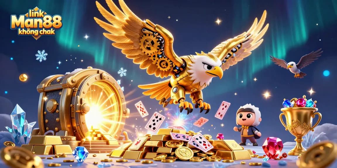 Engage with the immersive experience of link Man88 không chặn, featuring a cybernetic eagle amidst holographic cards and treasures.