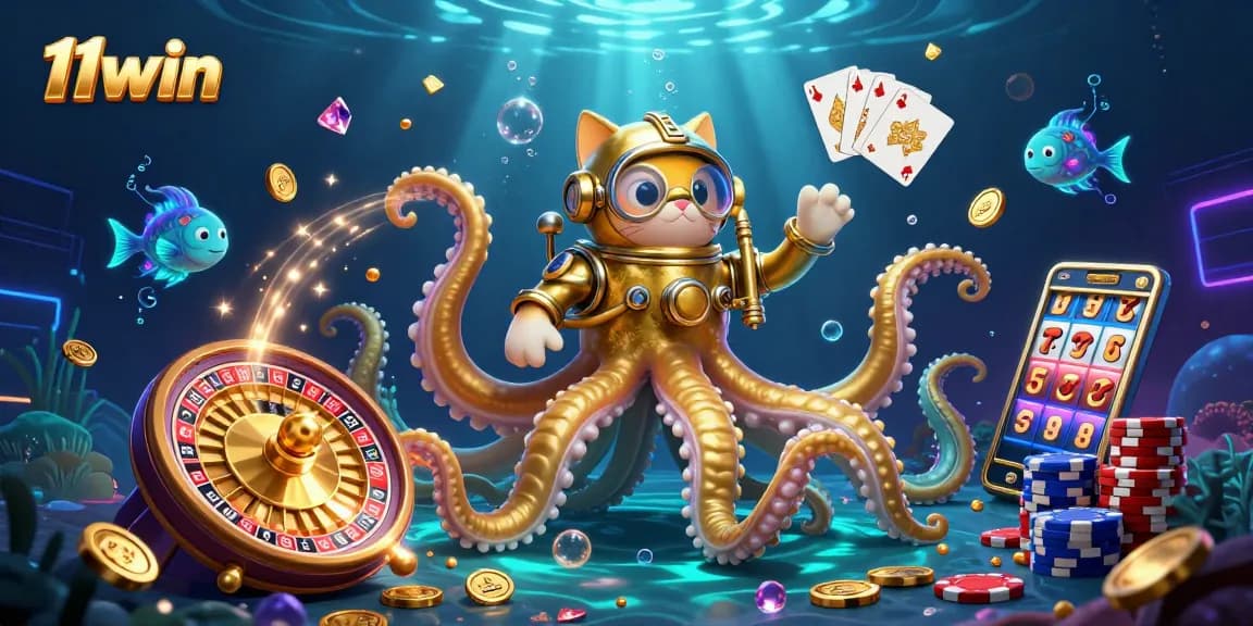 Experience the thrill of 11win with a kraken and diving cat amid dynamic casino elements.