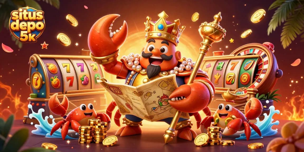 Spin to win with situs depo 5k at the vibrant casino with a golden crab emperor and welcoming game elements.
