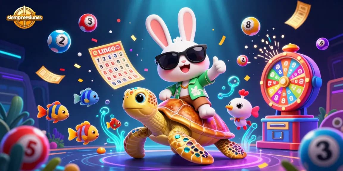 Experience thrilling gaming at siempreeslunes with a lively, colorful illustration featuring a lucky rabbit riding a sea turtle.