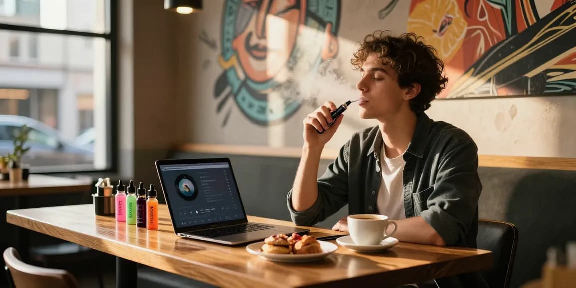 Urban lifestyle scene showcasing a person enjoying a thc vape in a trendy coffee shop.