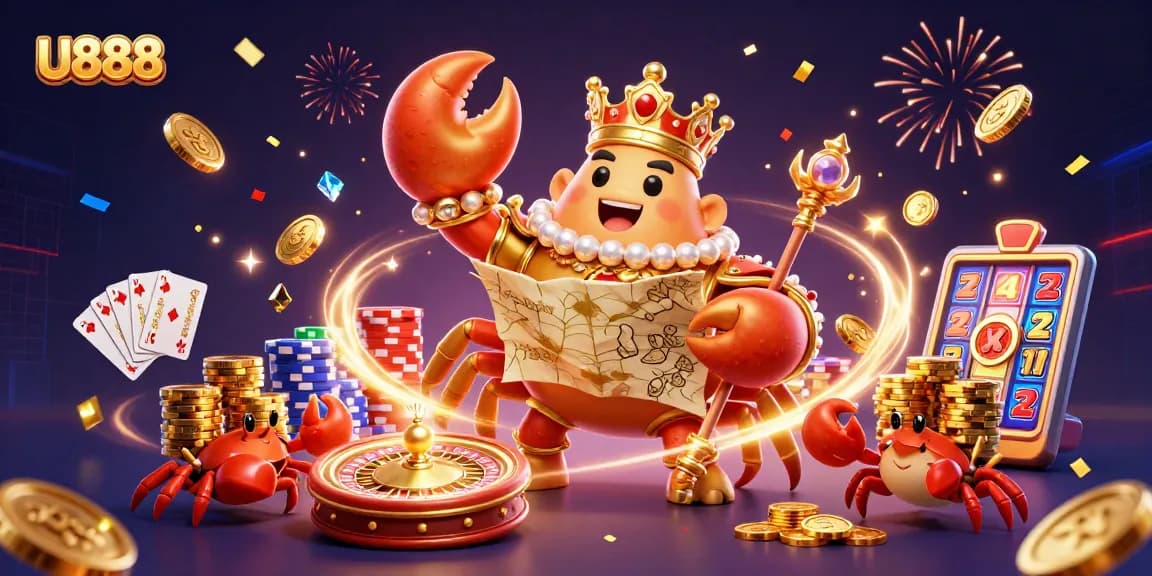Experience the excitement of U888 at a vibrant casino scene with treasure and playful characters.