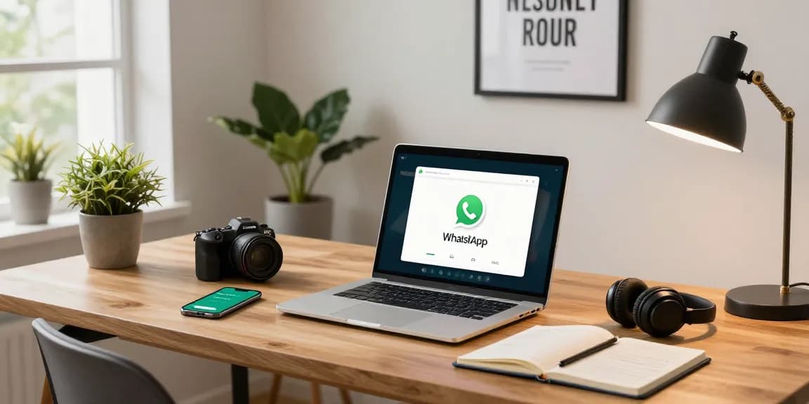 Engaged user interacting with WhatsApp電腦版 on a stylish laptop in a modern home office.