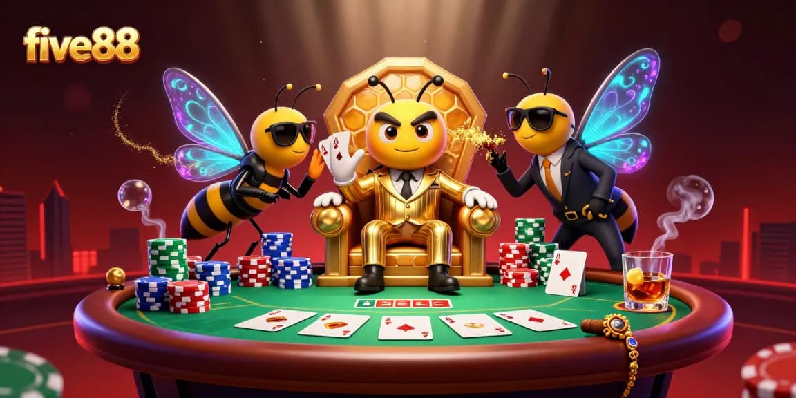 Play poker with five88: a vibrant scene featuring a bumblebee mob boss and his entourage.