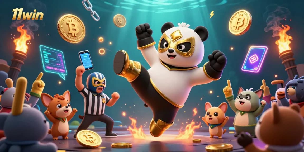Experience thrilling action with 11win, showcasing a wrestler panda and vibrant crypto elements.
