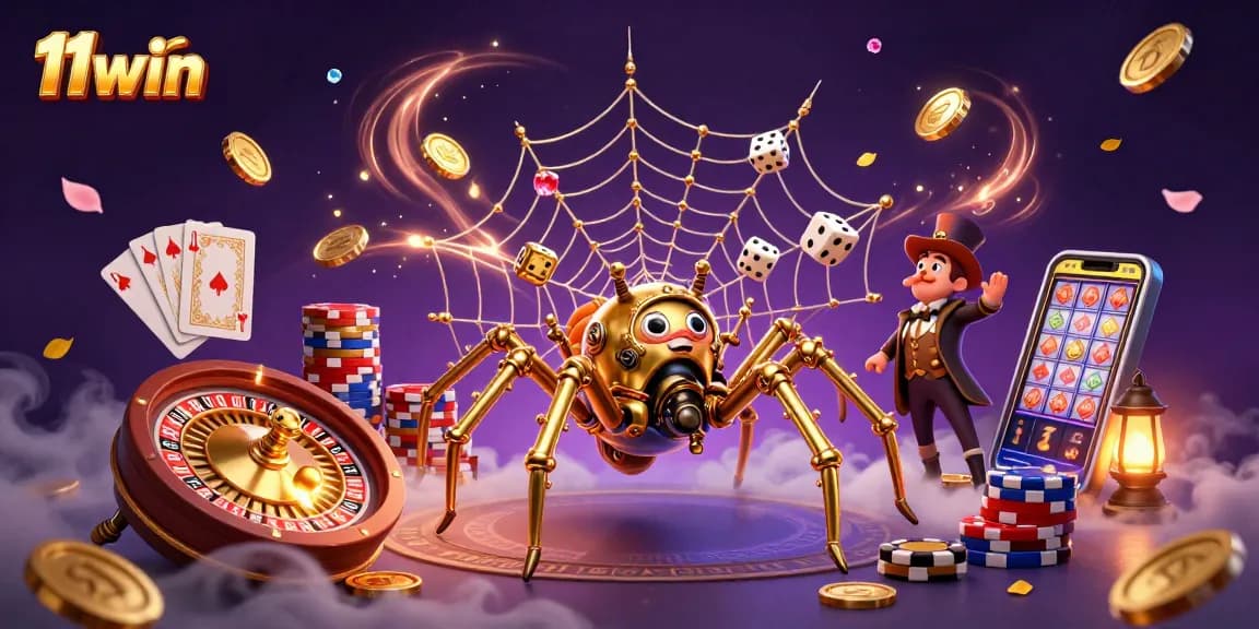 11win showcases a rich 3D casino scene with golden spider, coins, and roulette wheel action.