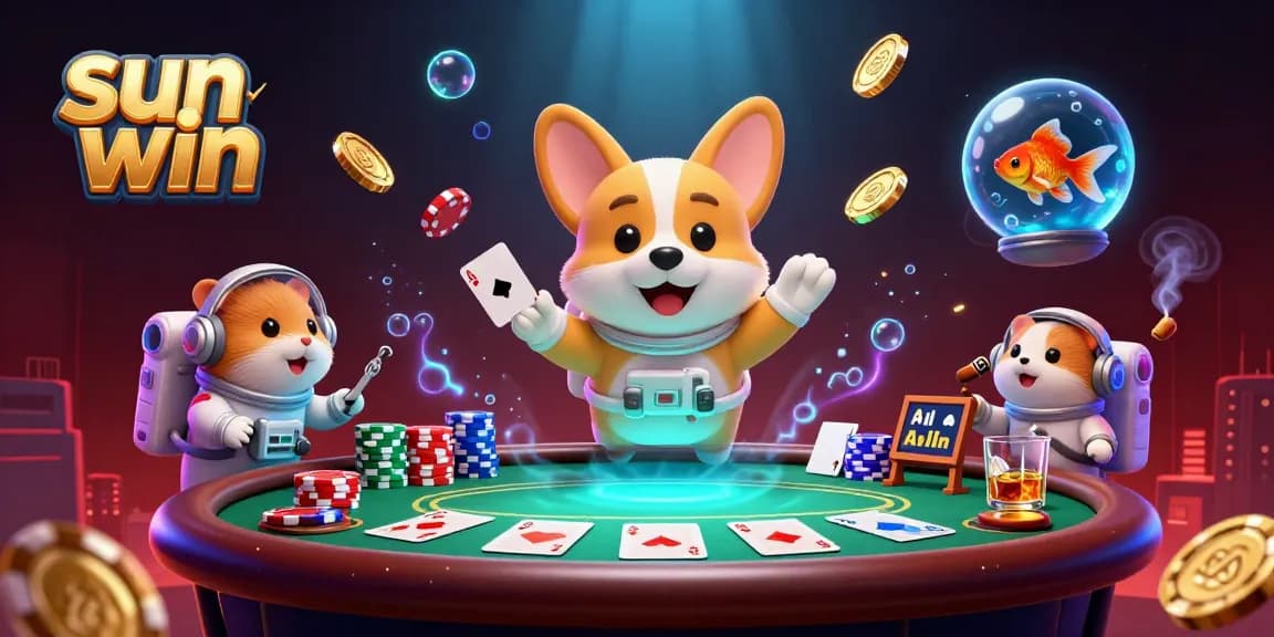Experience the thrill of a space casino with sun win as a cartoon astronaut corgi floats among drifting poker chips and coins.