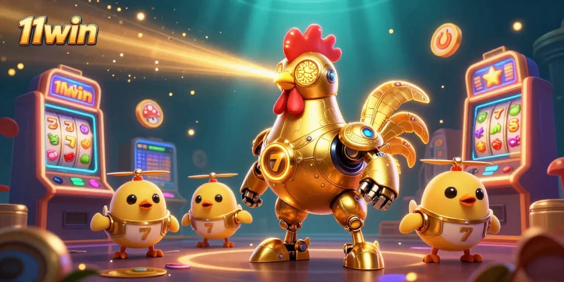 Experience the thrill of 11win with a dynamic scene of a golden rooster robot and slot machines.