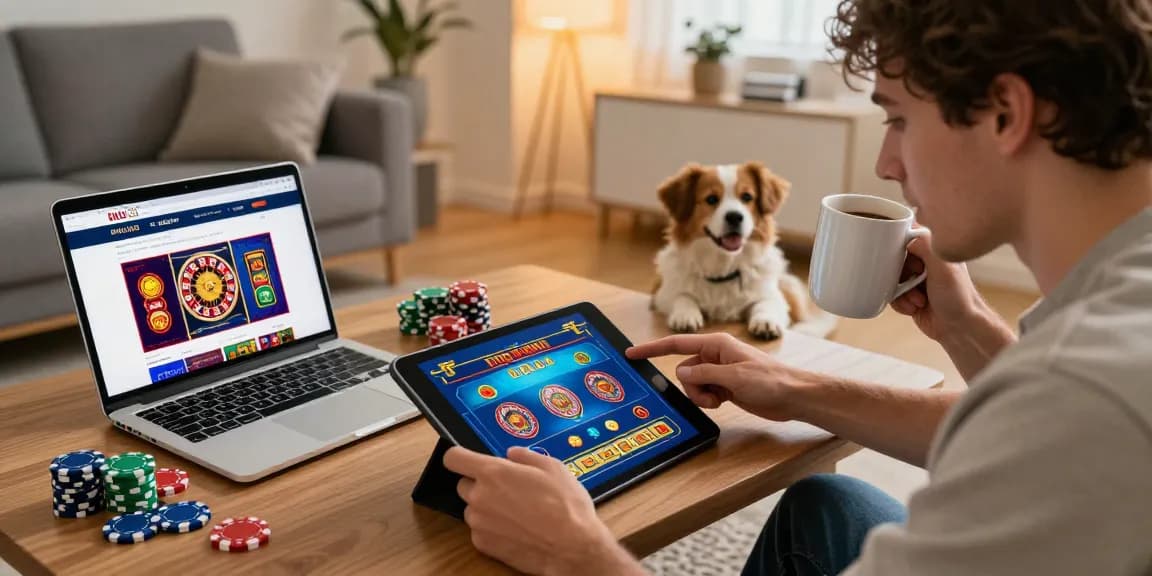 Engaged player exploring australian online casinos on a tablet in a cozy home setting.