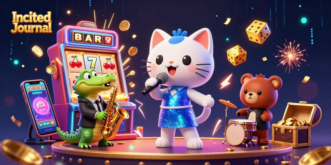 Experience captivating moments with Incited Journal's vibrant casino themed illustration featuring a singing cat, crocodile, and bear.