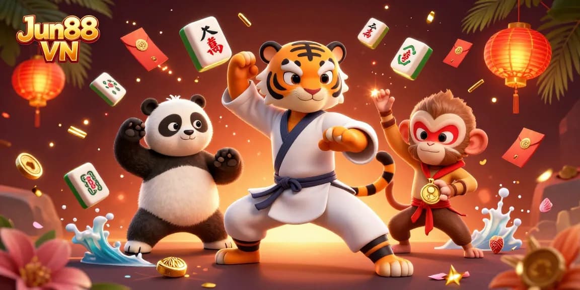 Experience thrilling action with Jun88 VN showcasing a kung fu tiger and panda at an online casino.