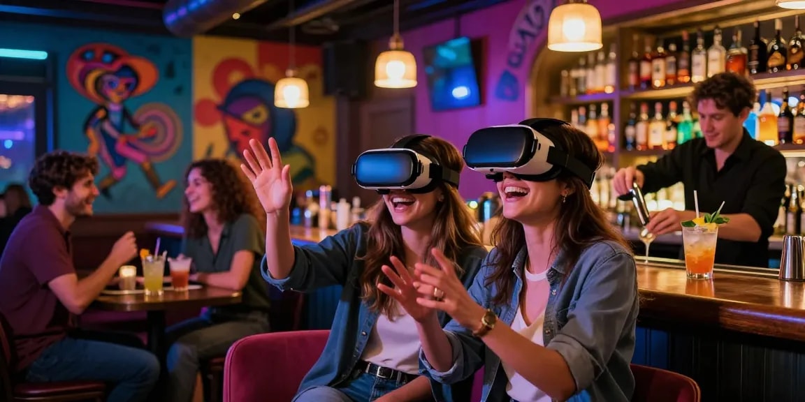 Couple experiencing 18+ ai virtual reality entertainment in a vibrant bar setting.