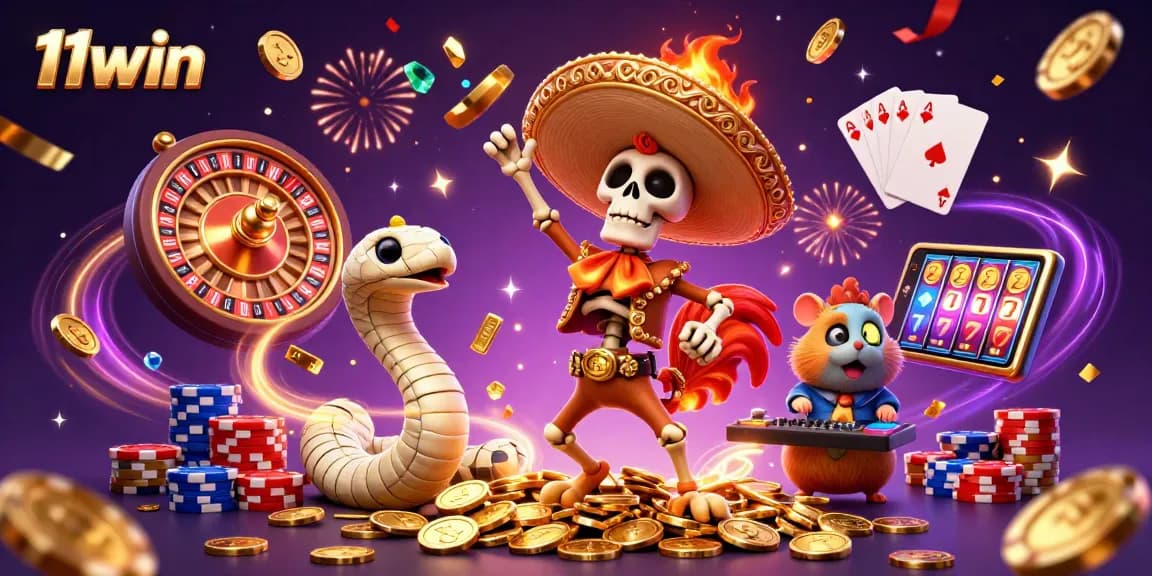 Experience the vibrant world of 11win, featuring a dynamic mariachi rooster, mummy snake, and zombie hamster DJ.