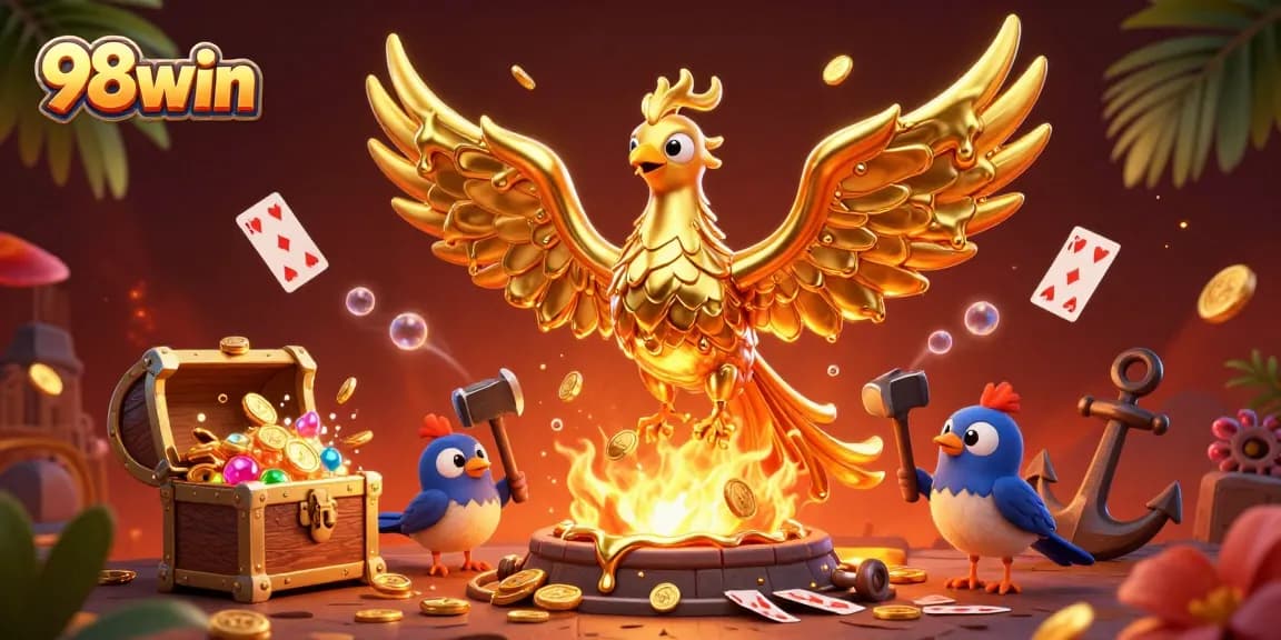 Experience the thrill of gaming with 98win featuring a molten golden phoenix amidst treasure and casino elements.
