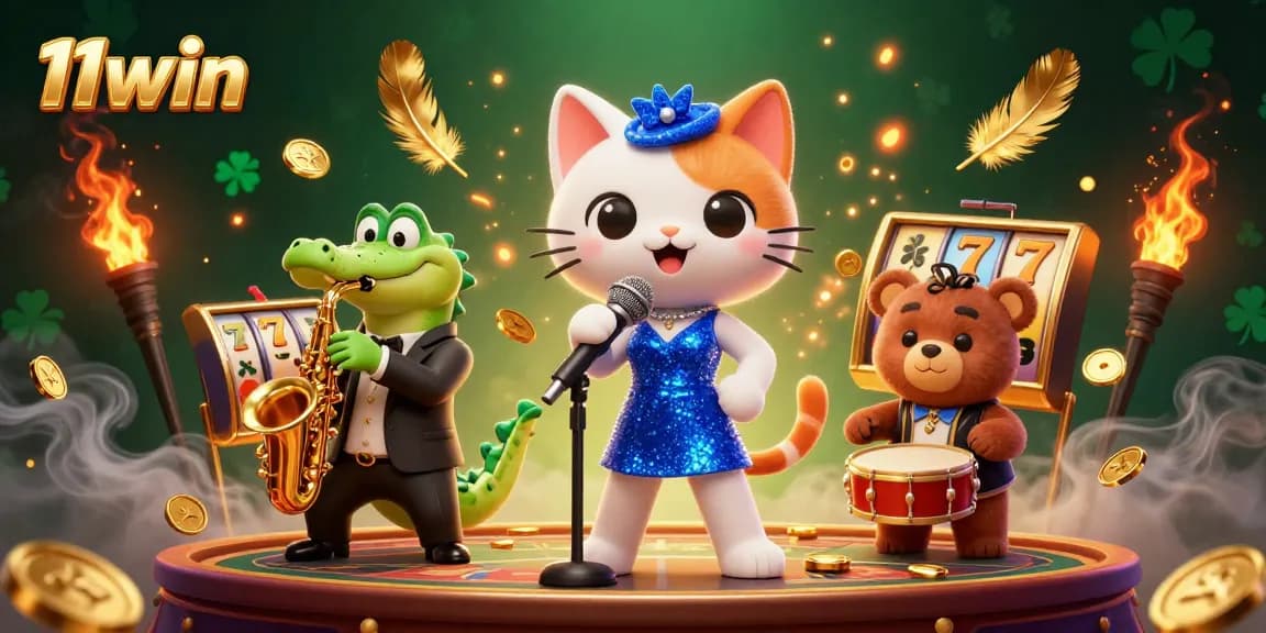 Experience thrilling casino action at 11win with jazz-singer cat, crocodile, and bear in an energetic illustration.