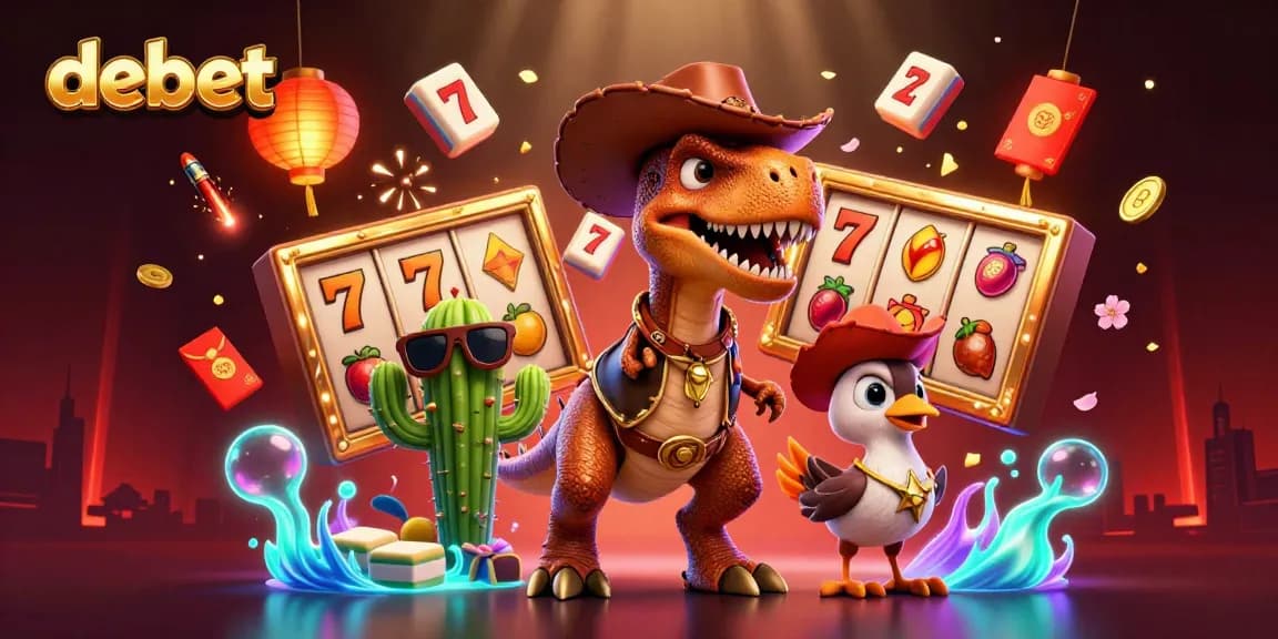Engage with debet slot games featuring a cartoon dinosaur and vibrant casino elements.