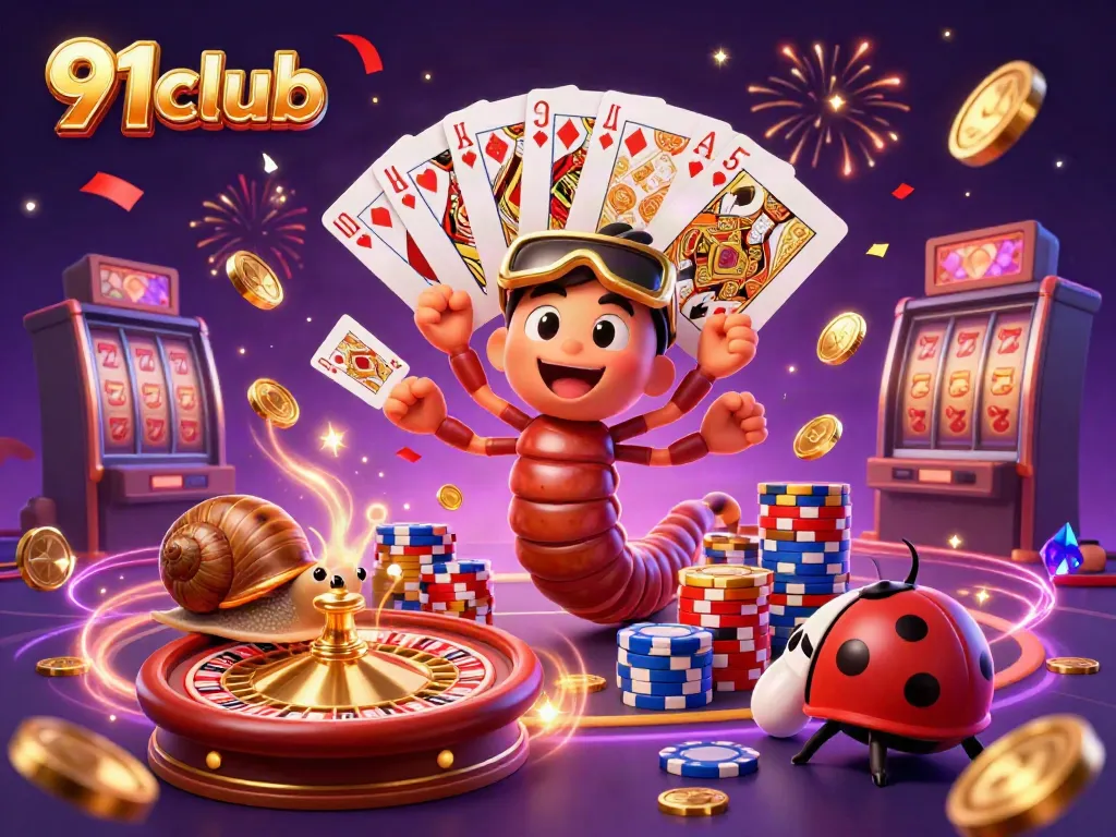 Join 91club fun with vibrant characters and casino elements in a lively 3D illustration.