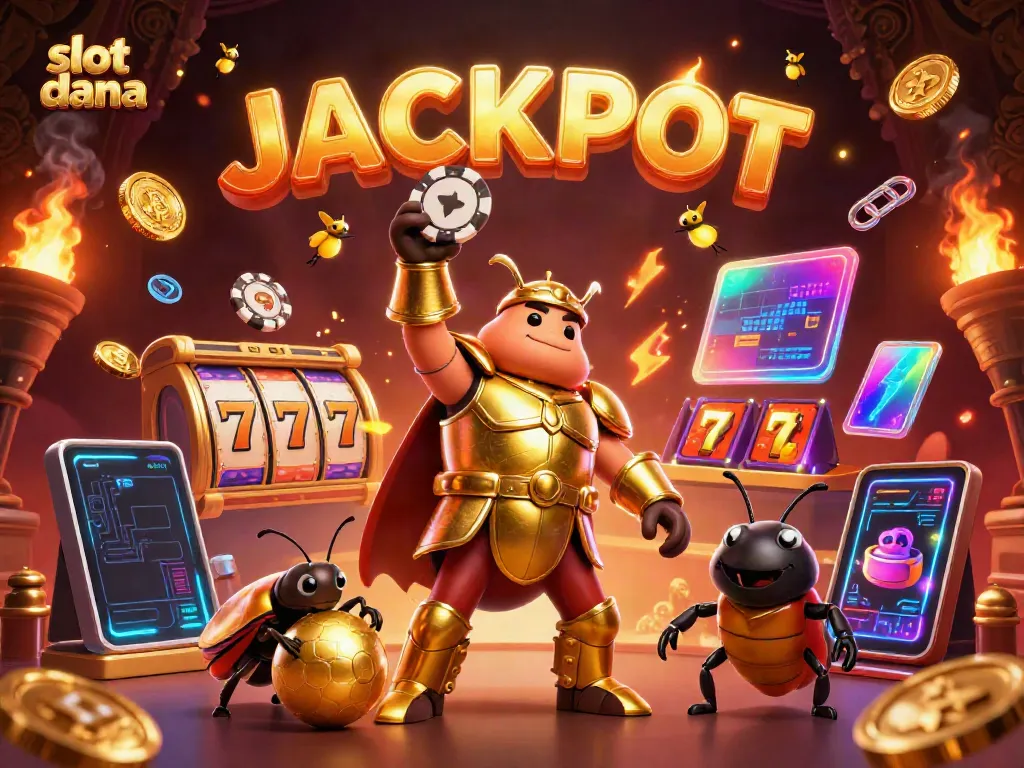 Engage with slot dana gaming excitement featuring a victorious beetle and vibrant slot elements.