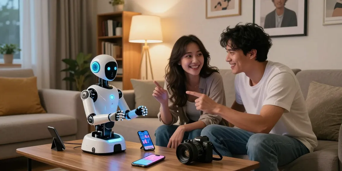 AI sex technology displayed in an intimate couple's setting, showcasing interaction with a humanoid AI robot.