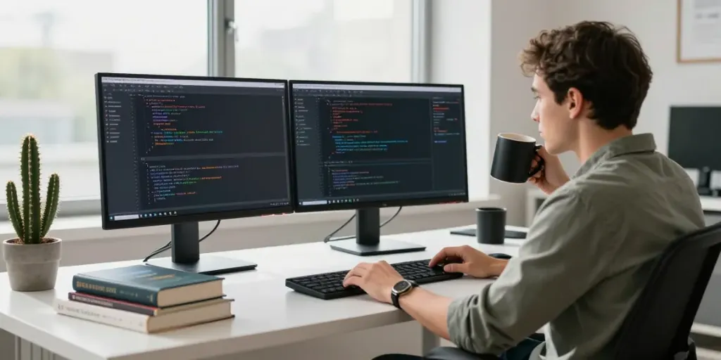 Instant indexing technology workspace with developer coding on dual monitors.