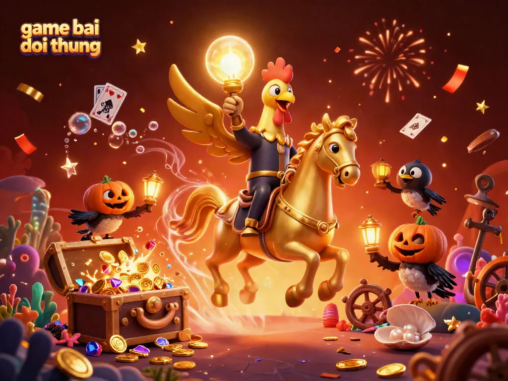 Experience game bai doi thuong with a magical casino scene featuring a golden rooster and treasures.