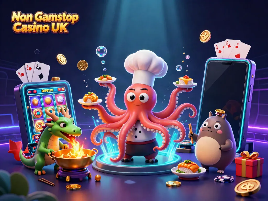 Engage with Non Gamstop Casino UK illustrated by an octopus chef and gaming elements.
