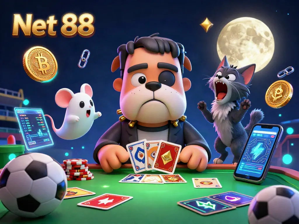 Bet on thrilling matches with Net 88 as fun characters deal cards and sports betting elements surround them.