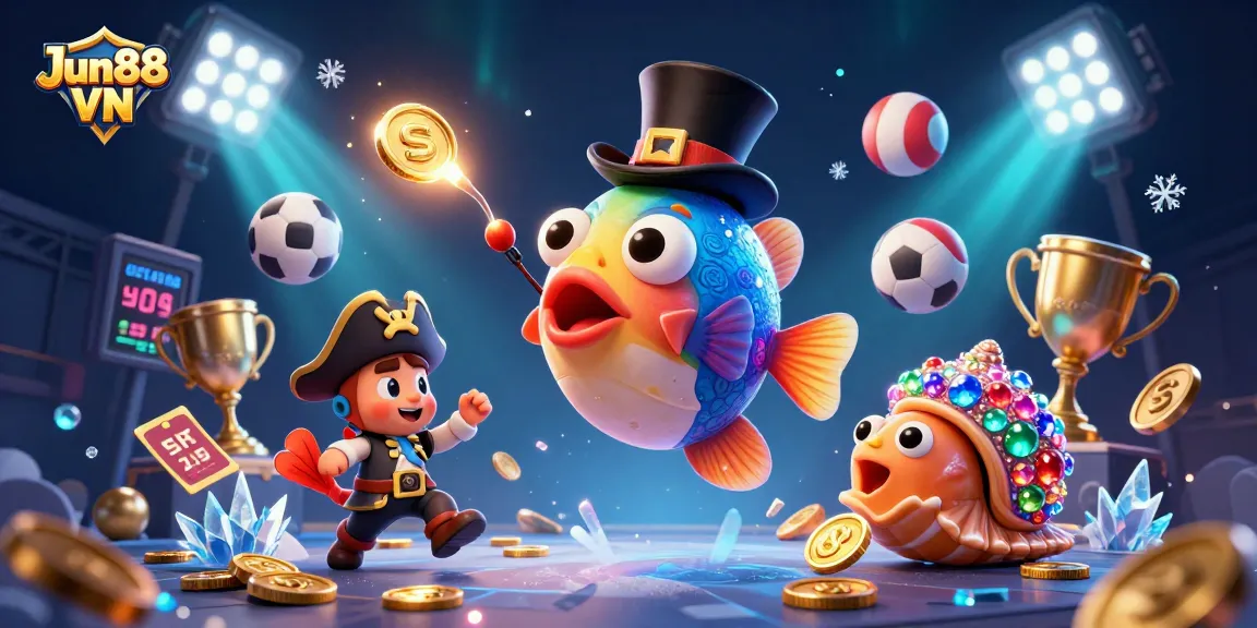 Engage with Jun88 VN's vibrant 3D illustration of a thrilling online casino adventure featuring an anglerfish attracting golden coins.