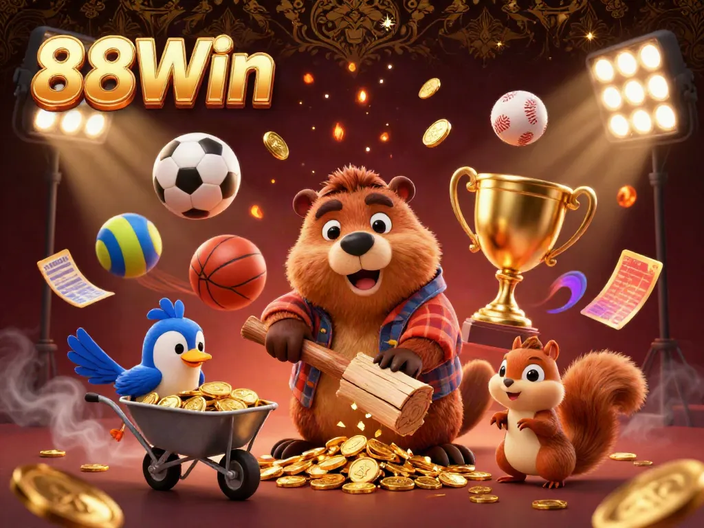 Experience the excitement of 88Win with a cartoon scene of a beaver, bird, and squirrel amid flying sports balls and golden coins.