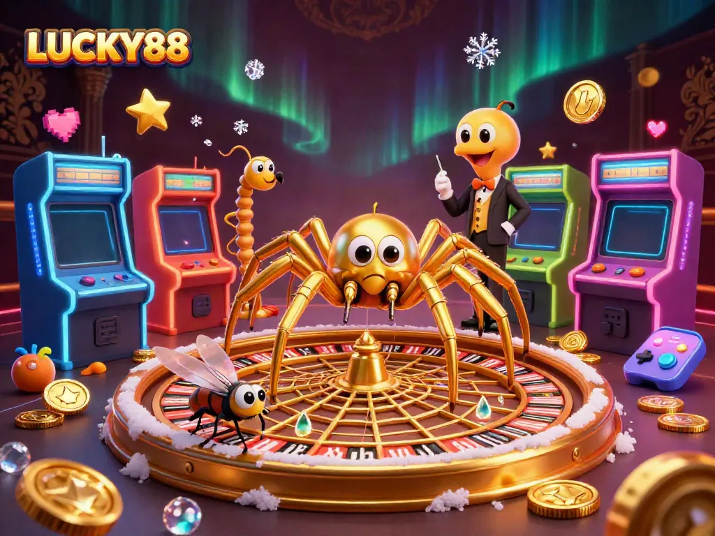 Experience LUCKY88 with a golden spider creating a roulette wheel, and a centipede croupier in a vibrant casino scene.