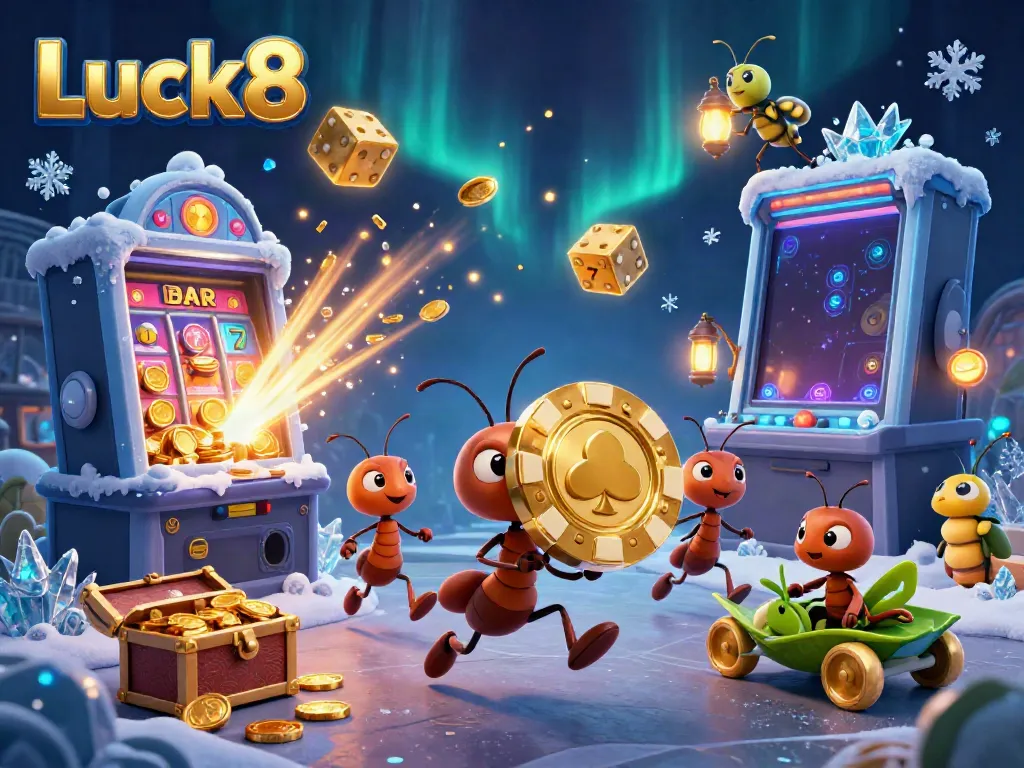 Engaging scene showcasing Luck8 with a team of ants heisting a giant poker chip amidst dynamic casino elements.