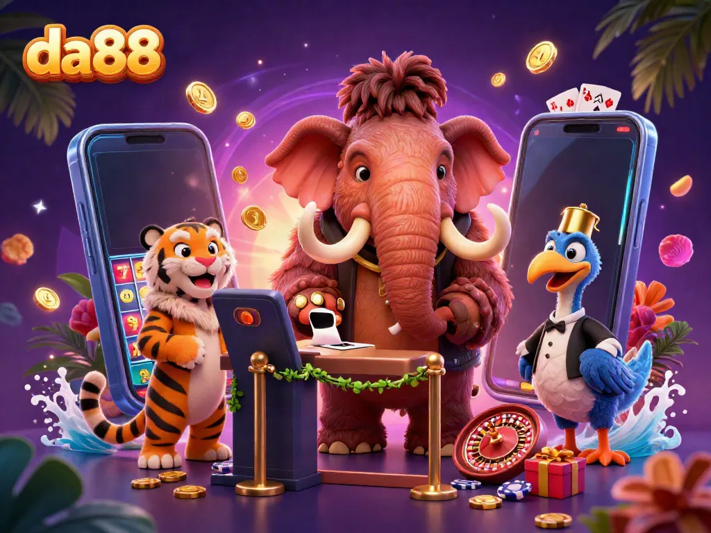 Spin and win at da88 with a vibrant cartoon scene featuring wild casino characters and exciting gaming elements.