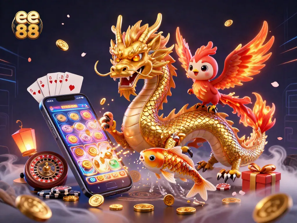 Experience the thrill of ee 88 with a lucky koi fish and gold coins in a vibrant casino illustration.