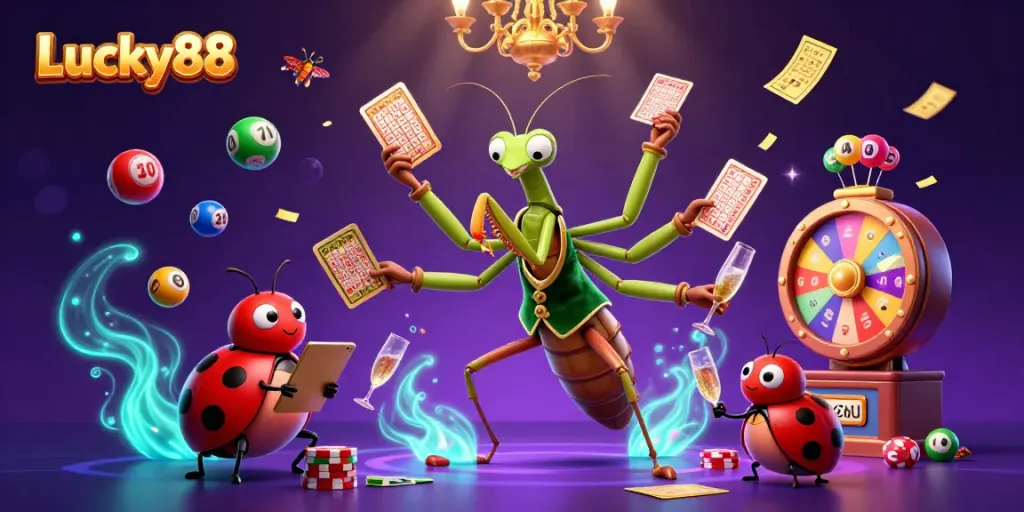 Engage in exciting gameplay at Lucky88 with vibrant characters and dynamic casino elements.