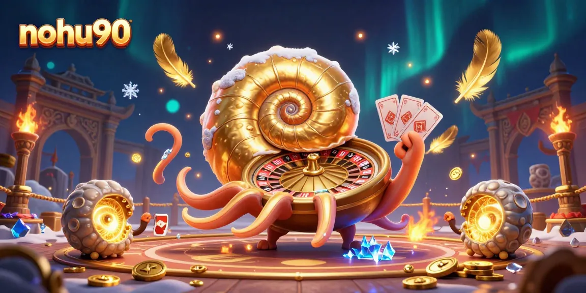 Spin to win with nohu90's giant nautilus and glowing ammonites in a vibrant casino-themed scene.