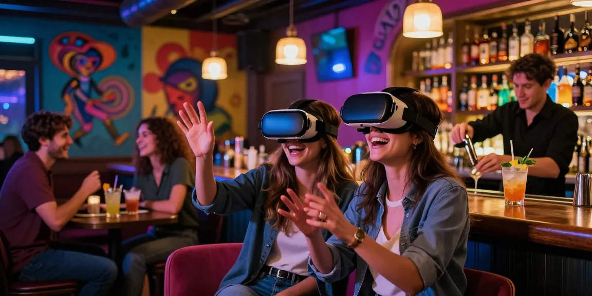 Couple experiencing 18+ ai virtual reality entertainment in a vibrant bar setting.