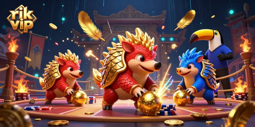 Engage with rik vip characters in a vibrant 3D gambling arena filled with festive elements.