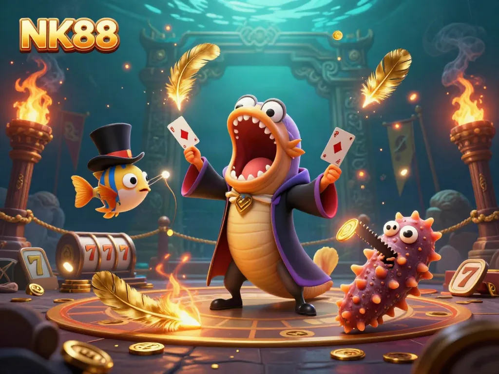 Experience thrilling card tricks with NK88 in this vibrant underwater casino scene.