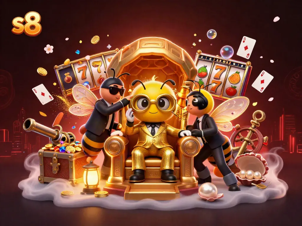 S8 promotes winning strategies in gambling with a vibrant 3D illustration of the bumblebee mob boss and dynamic casino elements.