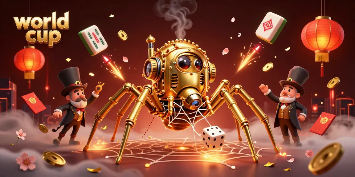 World Cup themed illustration with a steampunk spider and poker elements in a vibrant casino setting.