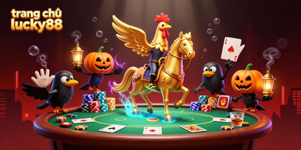 Play on trang chủ lucky88 with golden rooster and crow companions in a vibrant casino scene.