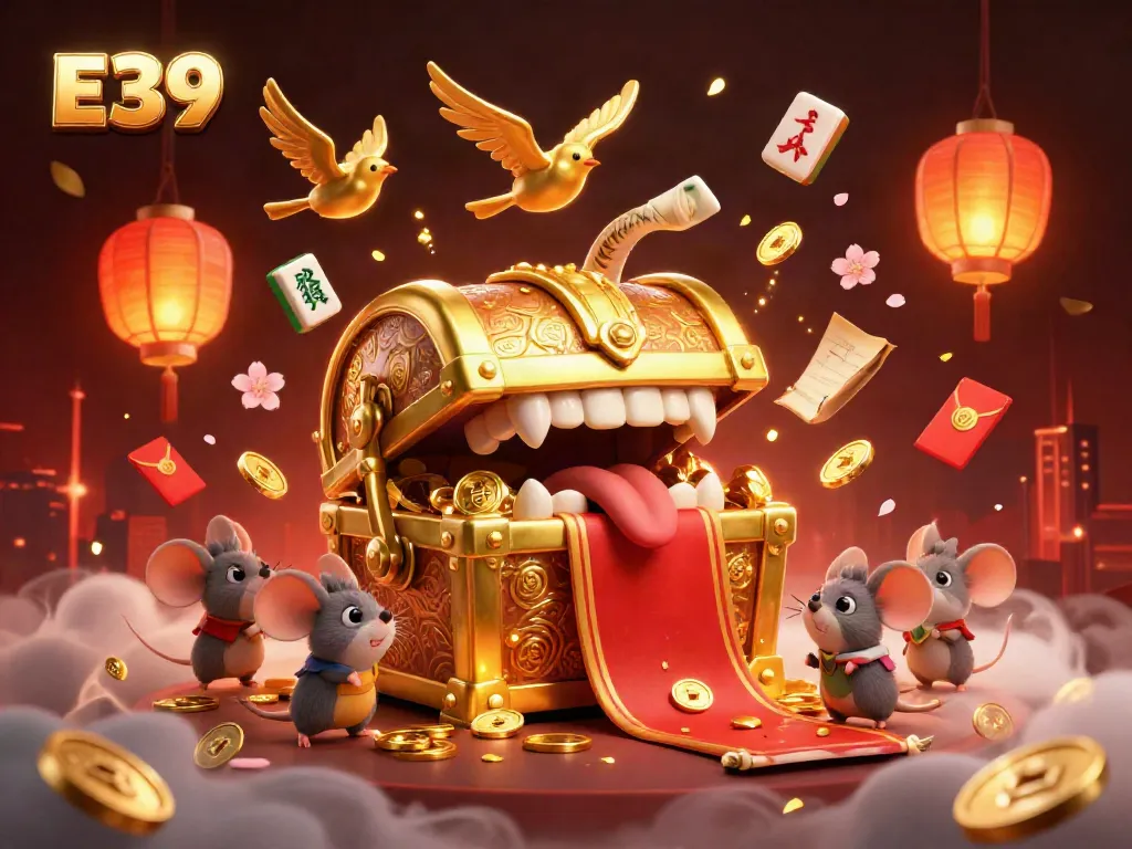E39 casino themed illustration with a treasure chest and lucky game elements inviting players to experience rich rewards.