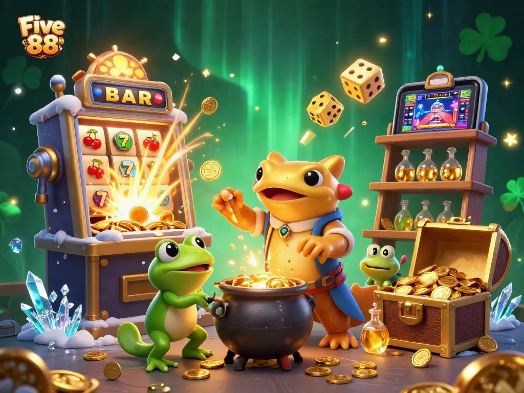 Experience the excitement of Five 88 with golden coins, slot machines, and magical alchemy.