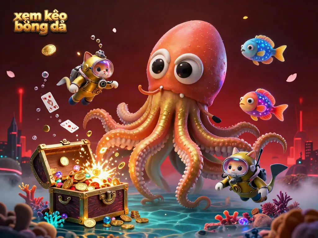 Experience xem kèo bóng đá with captivating underwater adventure featuring kraken, diving cat, and glowing treasures.